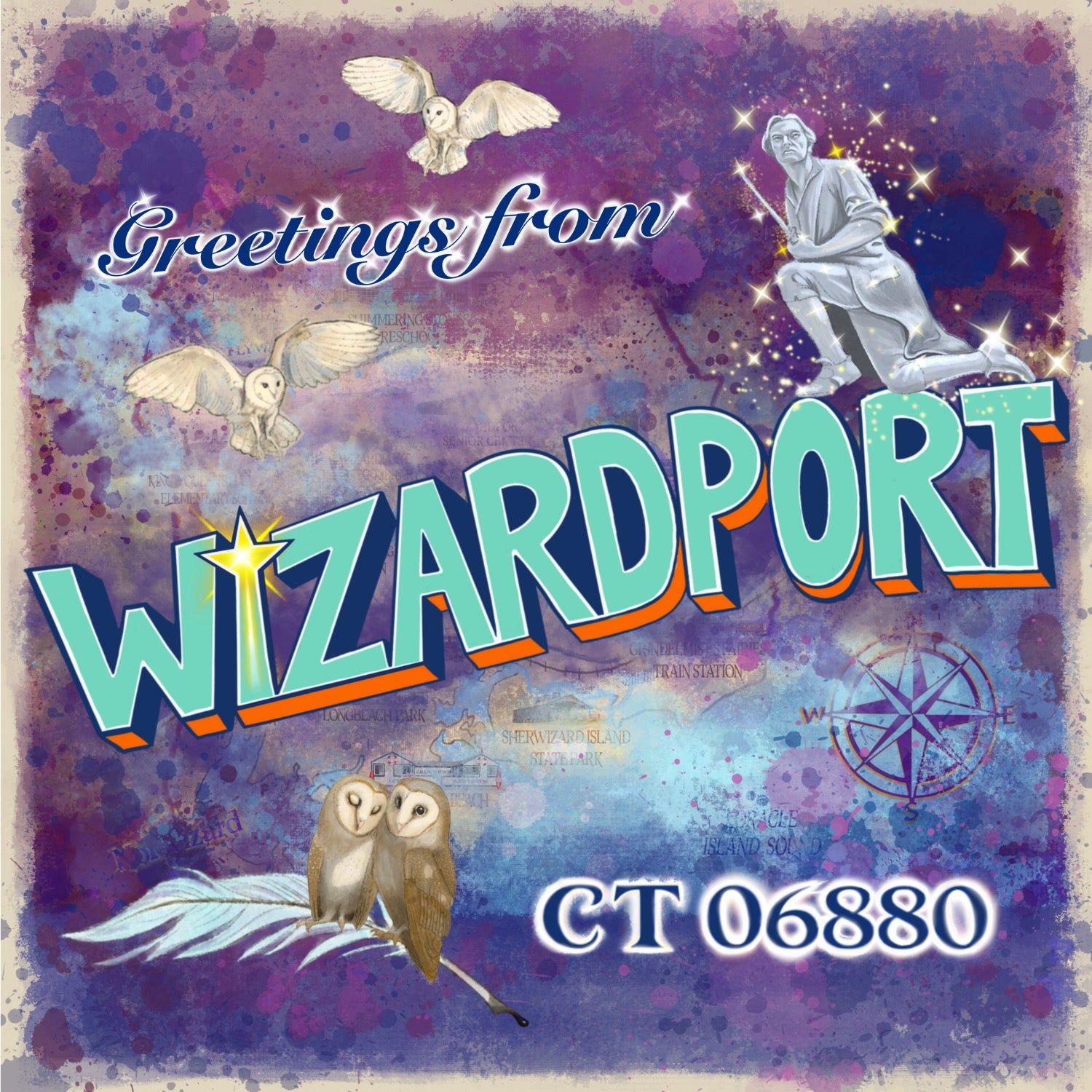 Greeting card with 'Greetings from Wizardport' text and magical elements on a colorful background. Westport CT 06880