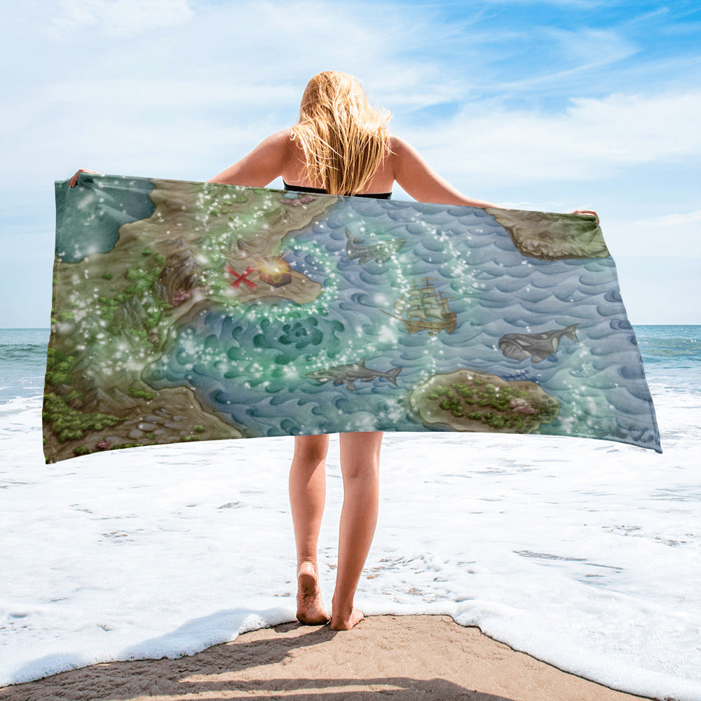 Beach Towels, Original Art Prints. Pirate Treasure Map, Beach Party, Whales and Fish. The Undersea Adventure, by The Famous Author, Austin Bakker Angelastro