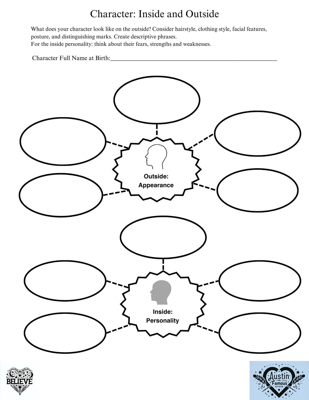 Printable Template for character development in storytelling and writing. Austin Angelastro the Famous Author