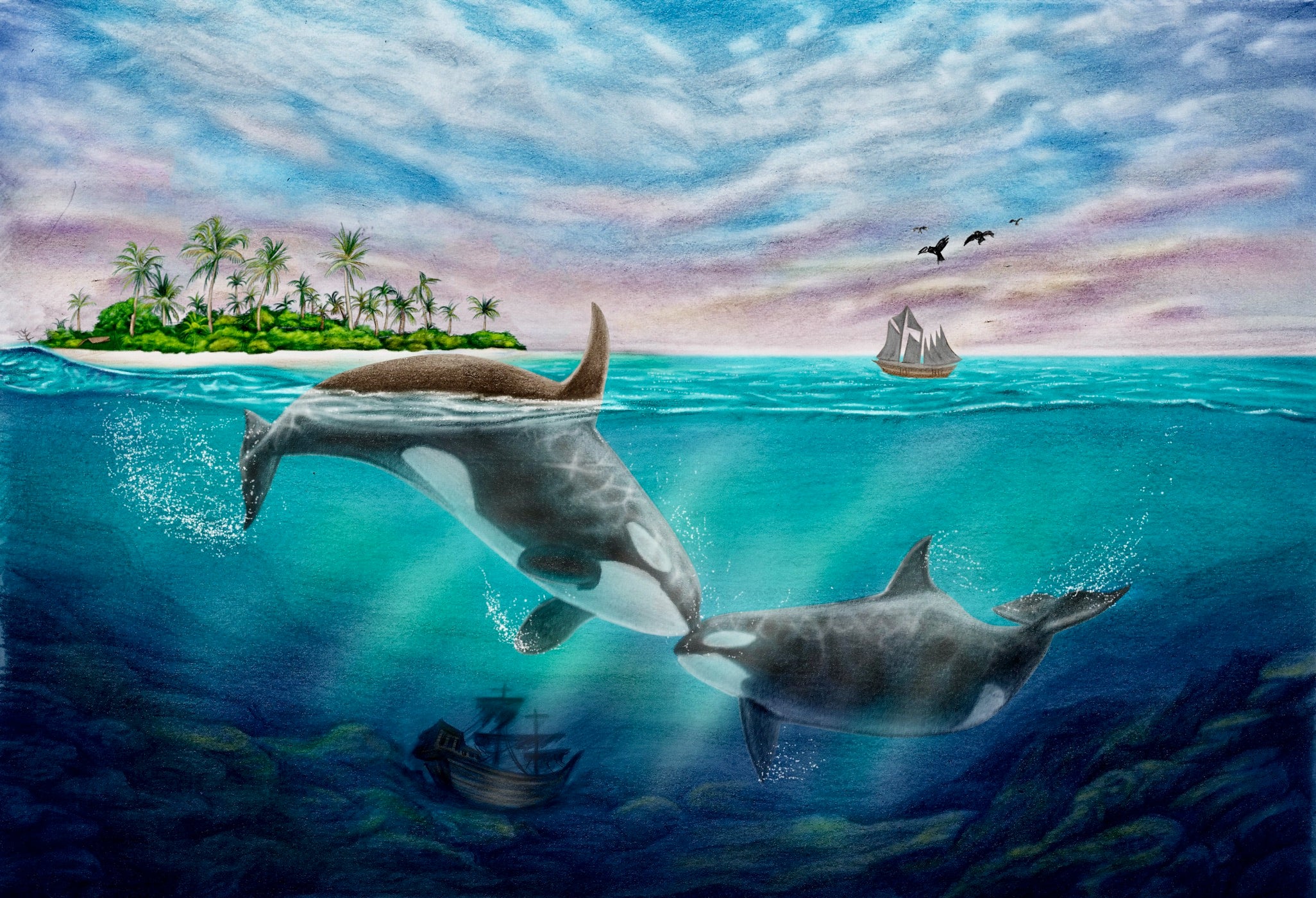 Whales Swimming Underwater Illustration Austin Bakker Angelastro The Undersea Adventure Famous Author